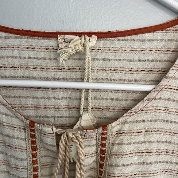 Hem & Thread Boho Peplum Ruffle Long Sleeve Pullover Top Sz L Beige Linen Cotton - Picture 4 of 11